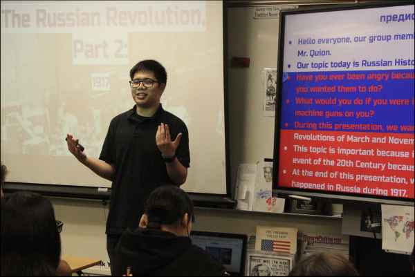 Student teacher CJ Quion begins his presentation on the Russian Revolution on Monday, Feb. 5, 2024, during Period 4 in Room 55. 